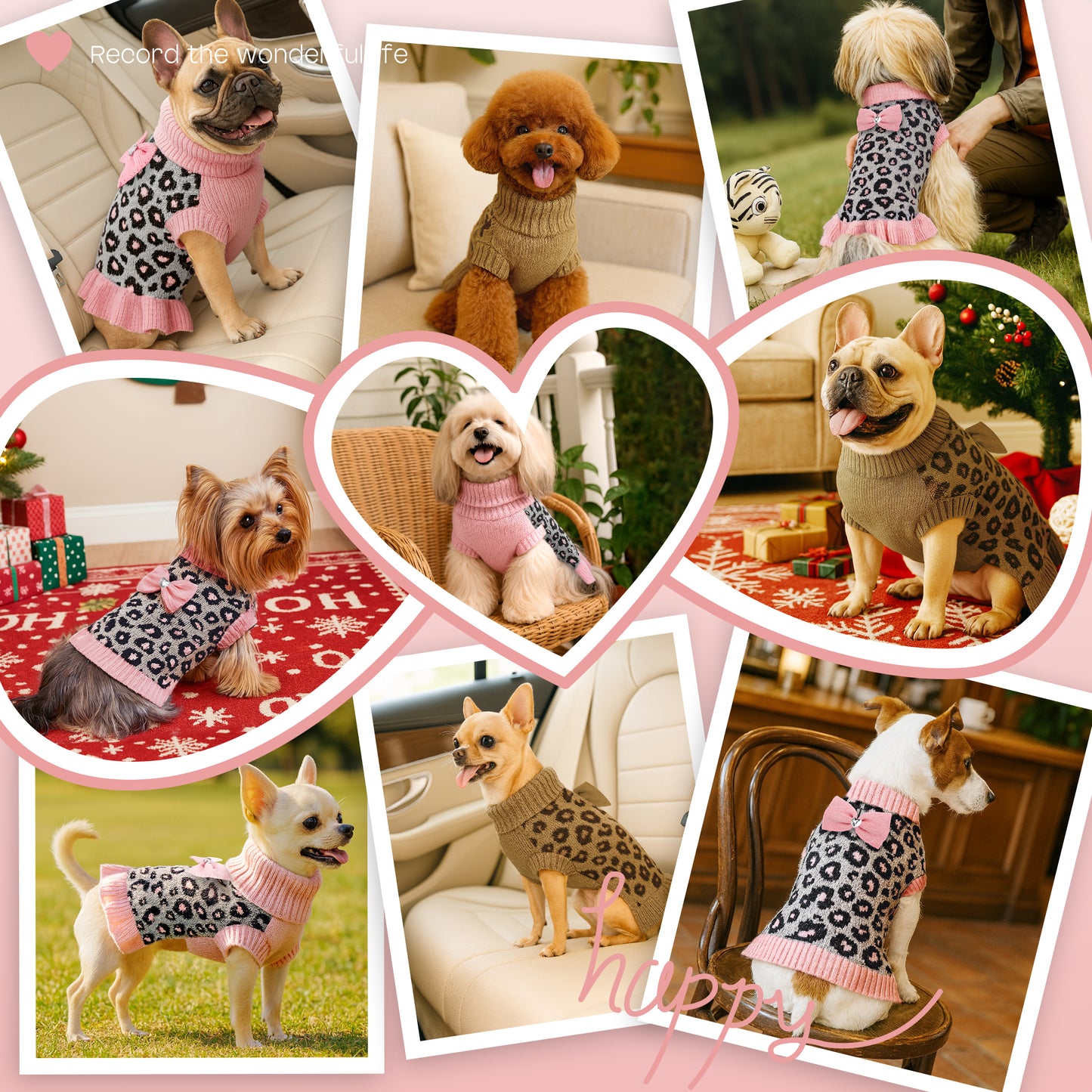 Small Dog High-necked Leopard-print Knitted Sweater Pink Leopard Dress