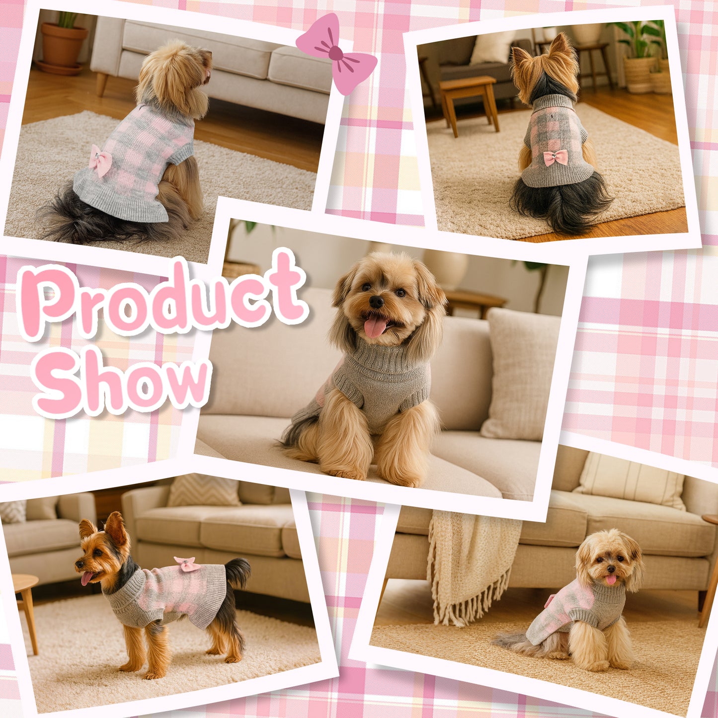 Small Dog Sweater Dress with Bowtie Grey Pink