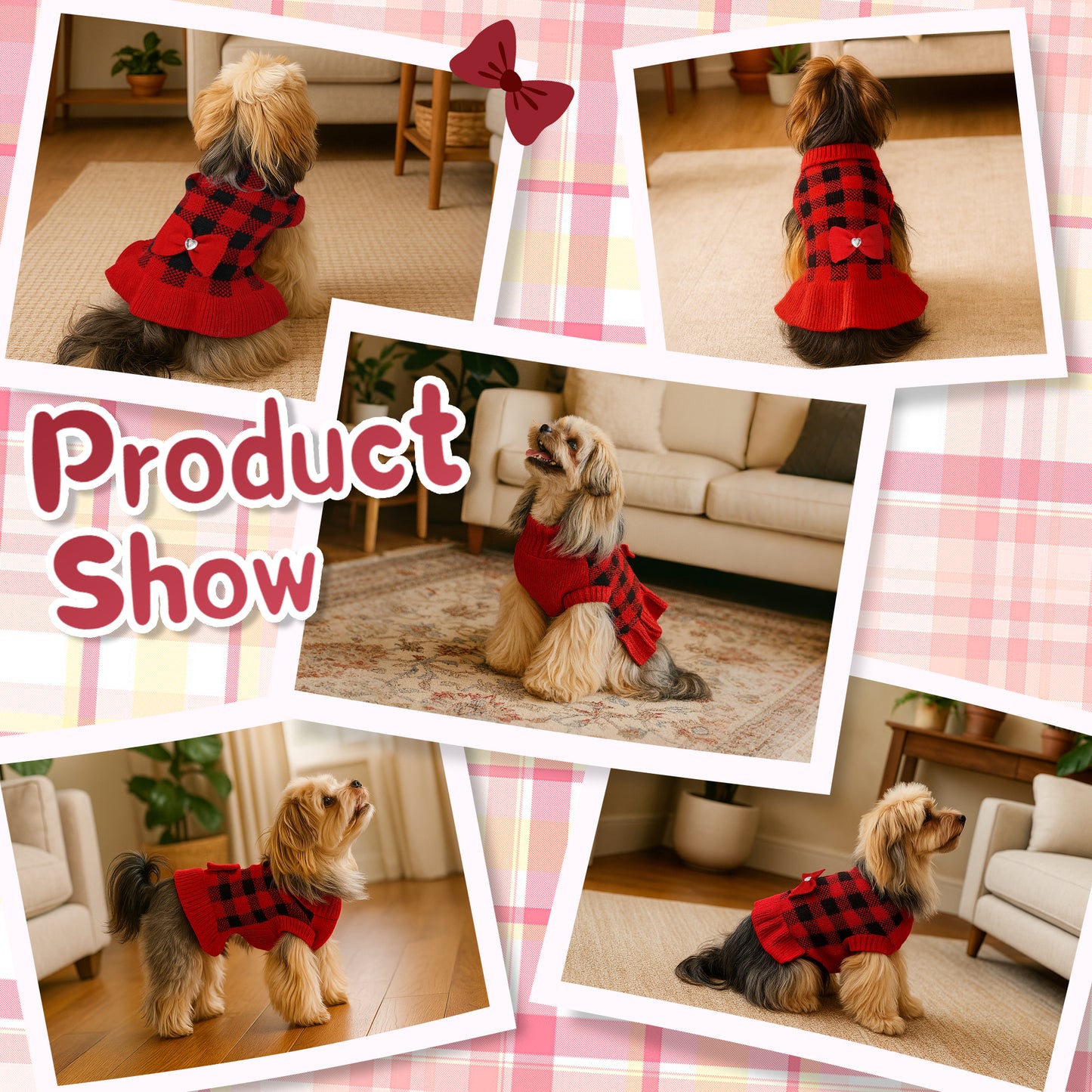 Small Dog Sweater Dress with Bowtie Red-4