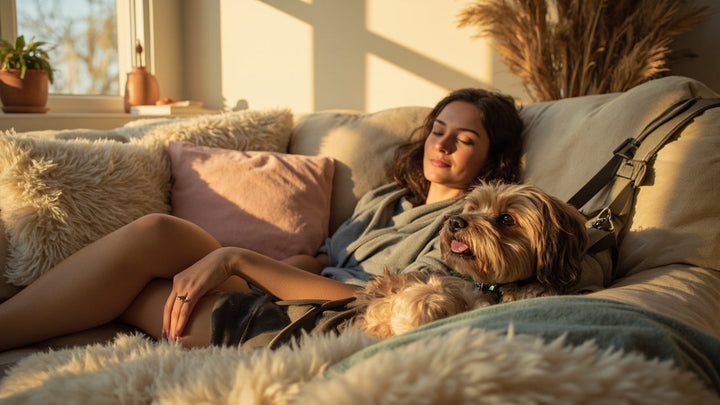 dog resting comfortably in a stylish sling carrier in a bright, modern living room