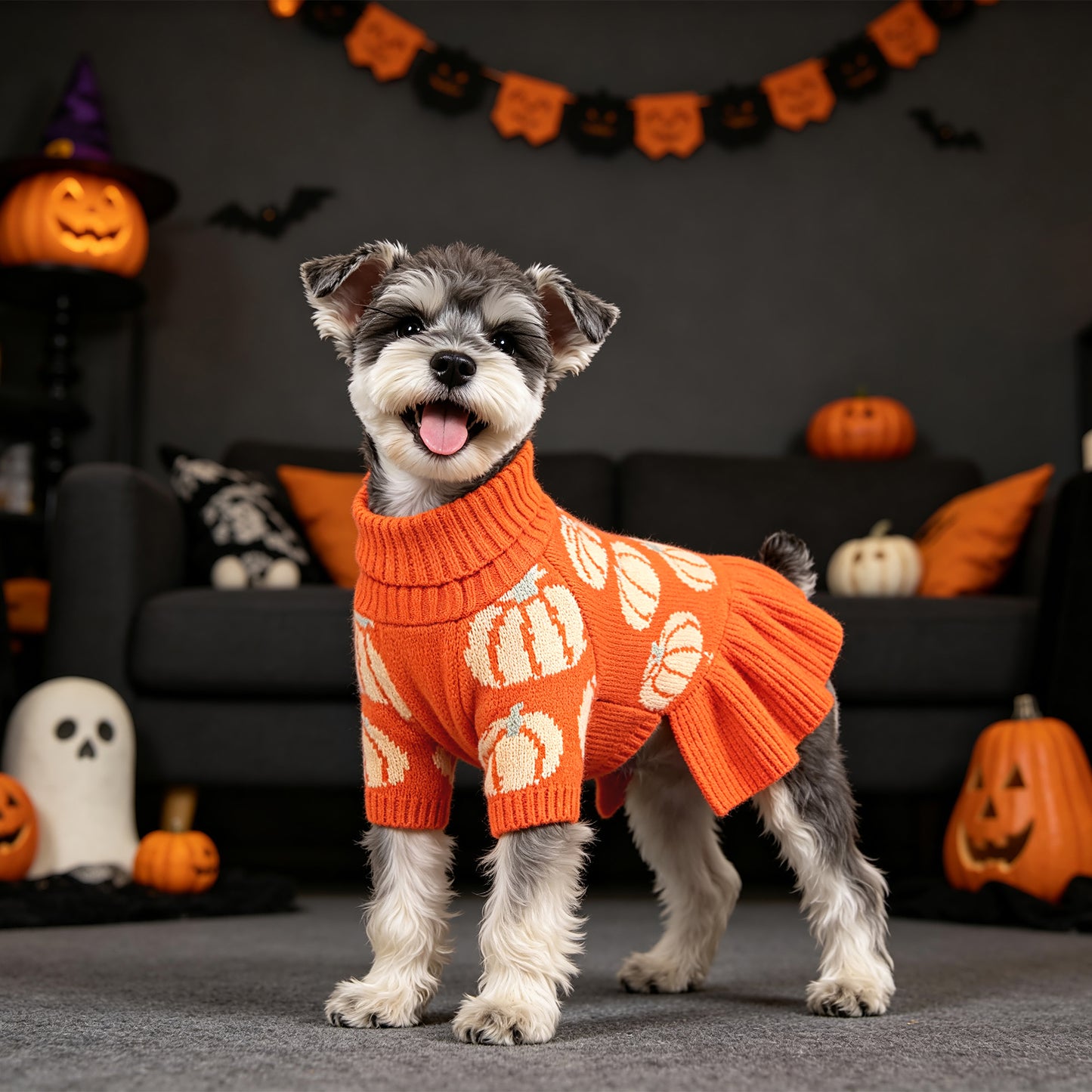 Dog Pumpkin Knit Sweater Dress