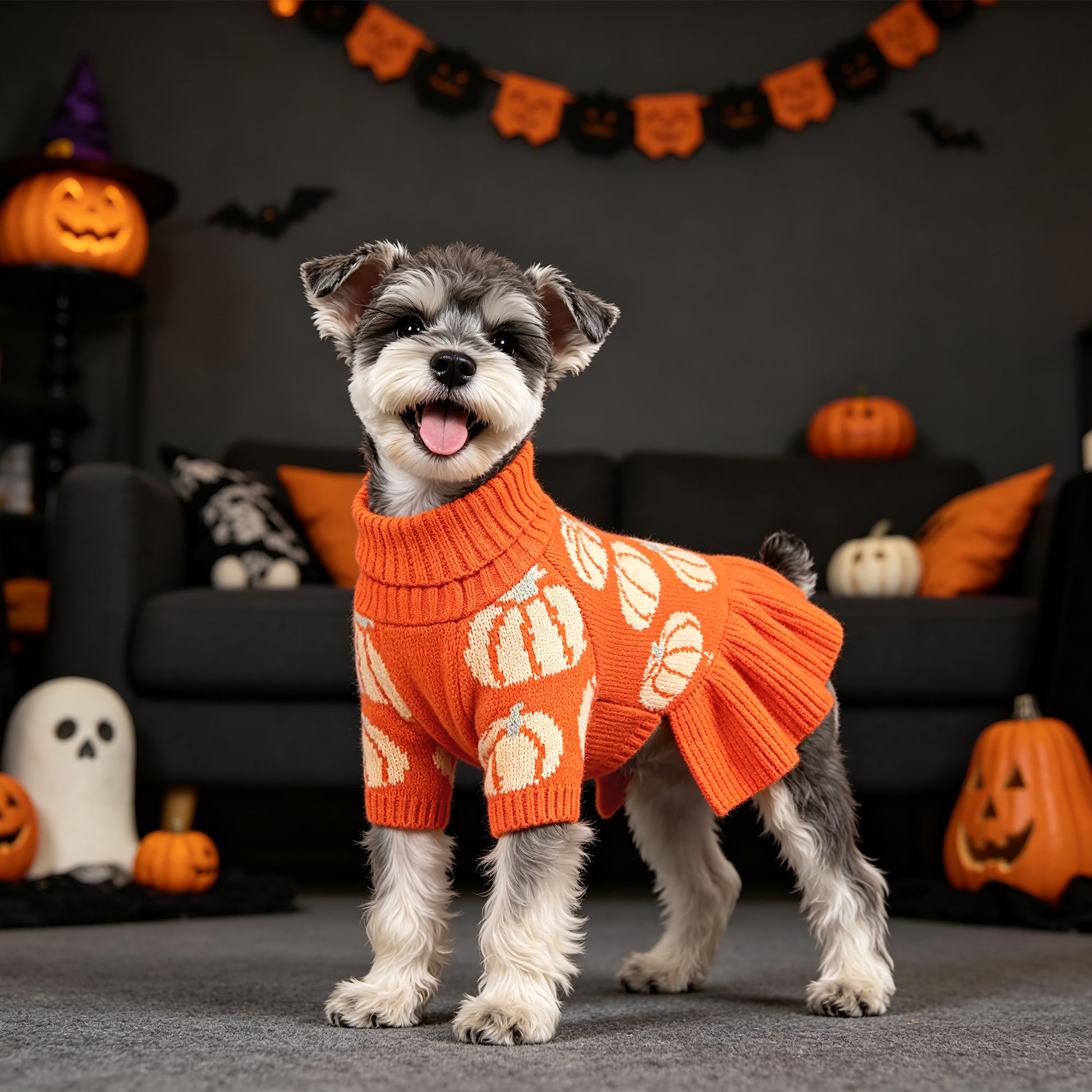 Dog Pumpkin Knit Sweater Dress