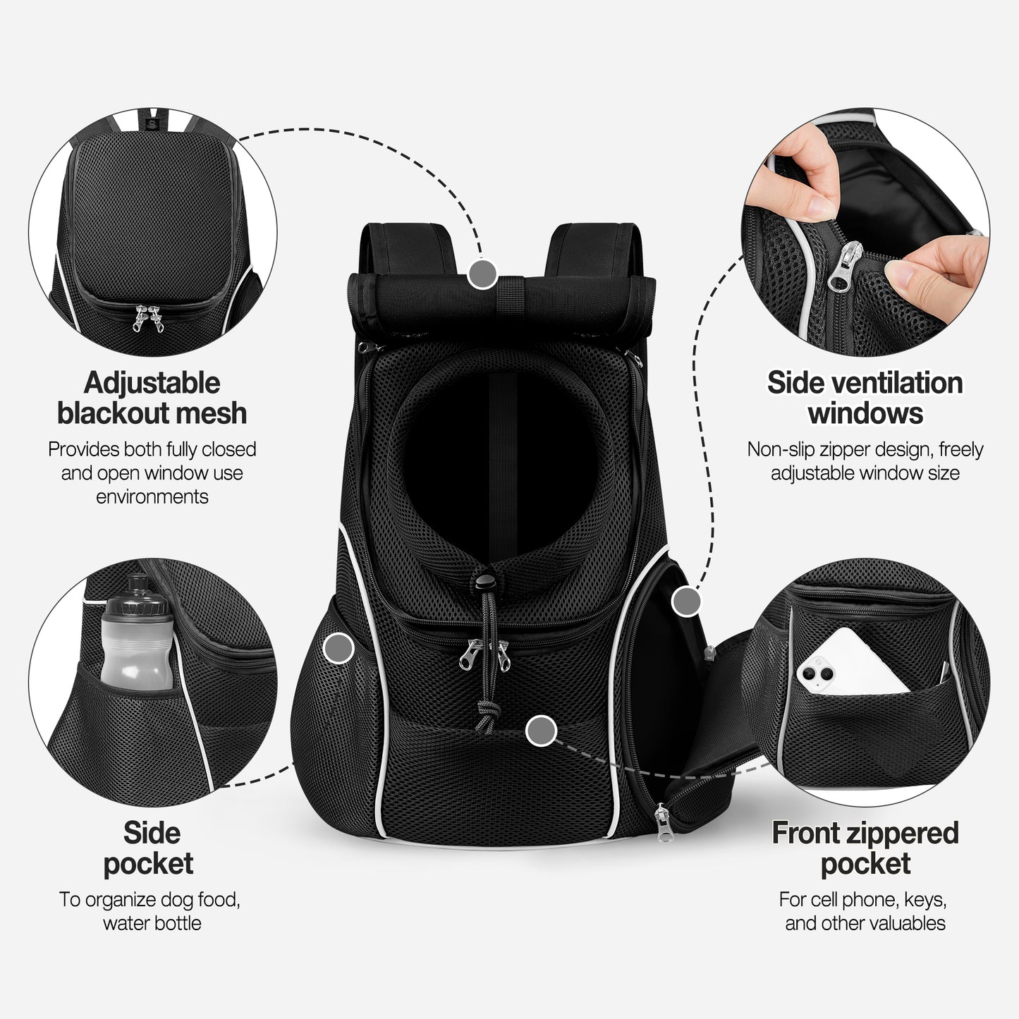 Dog Travel Back Pack with Safety Belt for Travel Hiking Cycling Black
