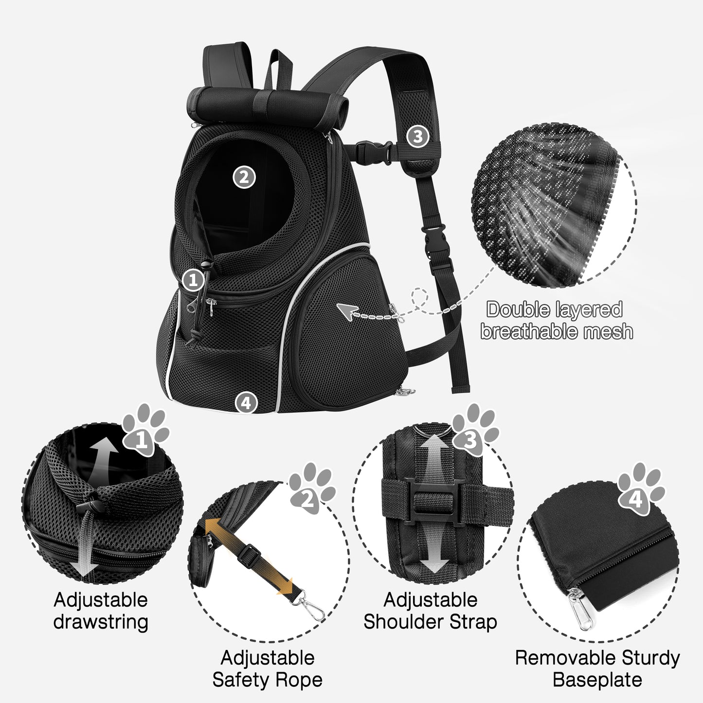 Dog Travel Back Pack with Safety Belt for Travel Hiking Cycling Black