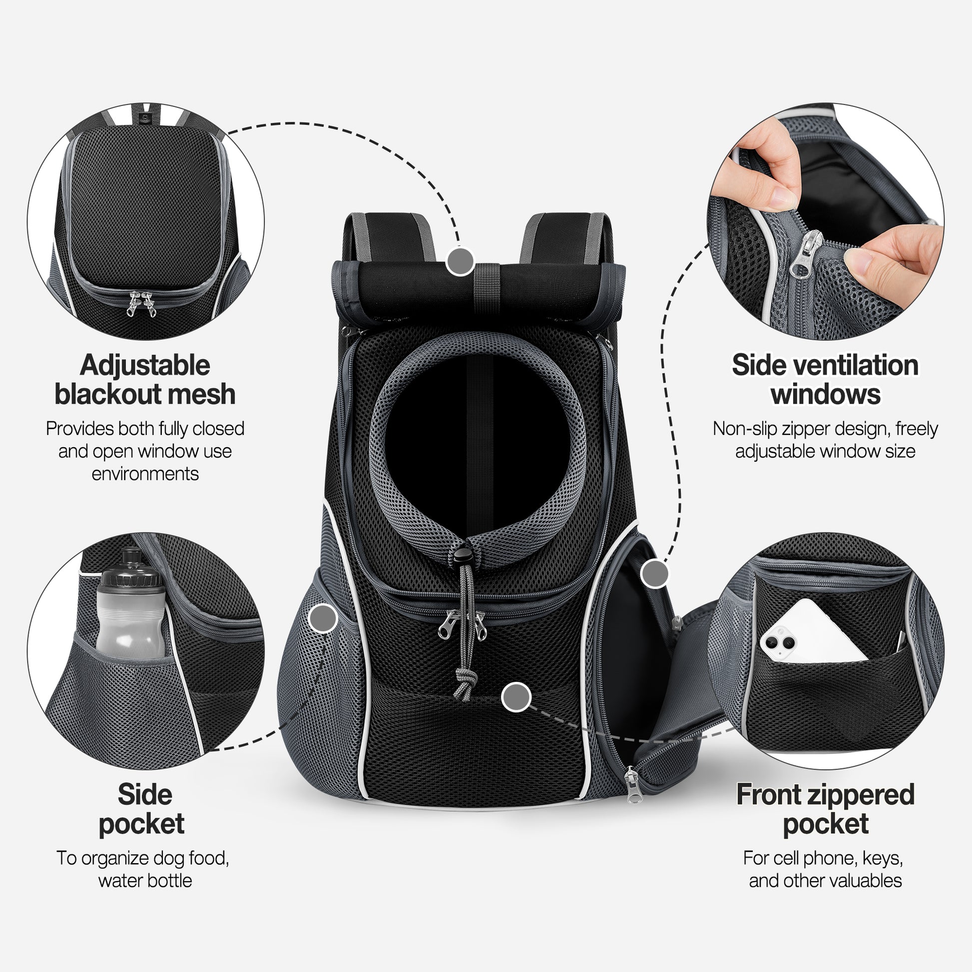 Dog Travel Back Pack with Safety Belt for Travel Hiking Cycling Grey