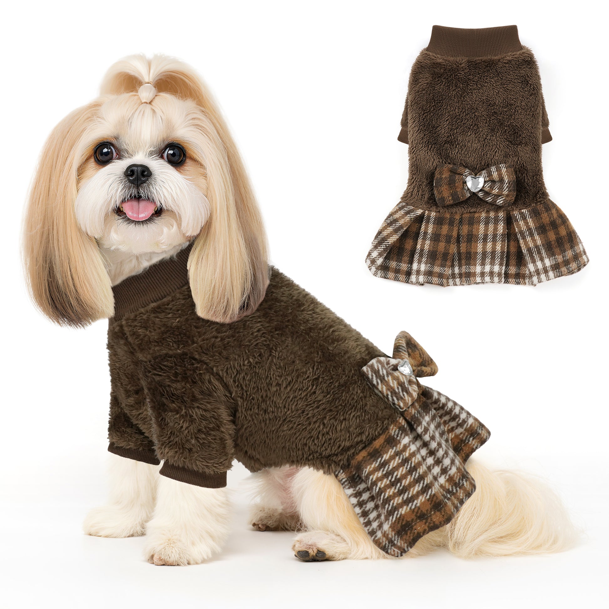 Fleece Small Dog Sweater Dress Brown