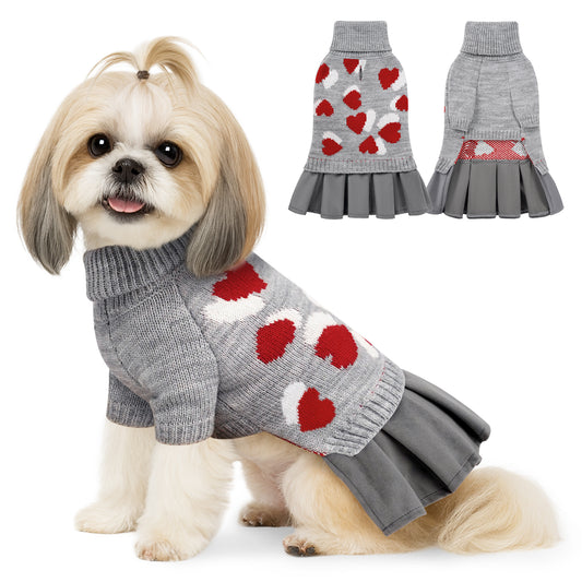 Heart Pattern Pet Dog Sweater Dress Grey