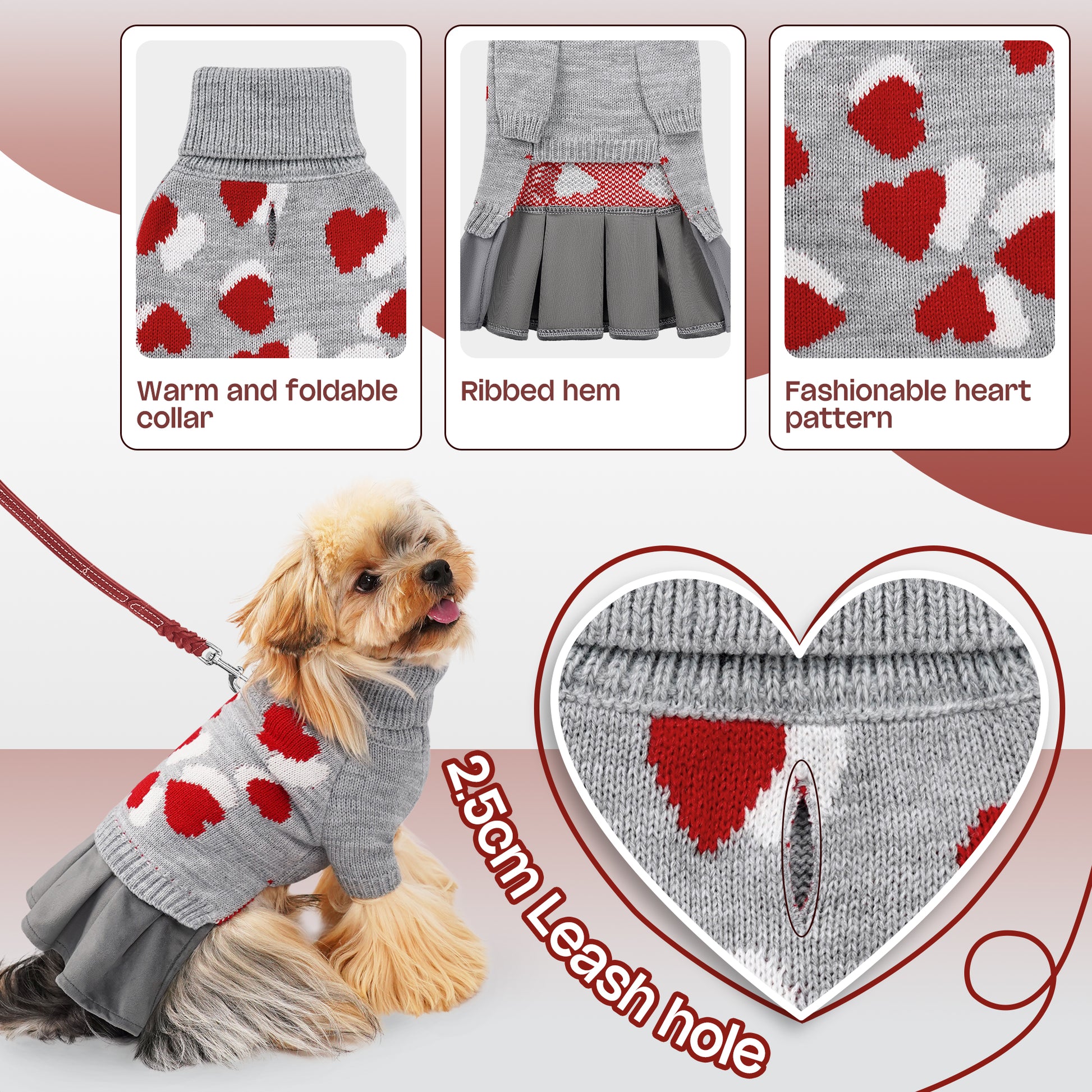 Heart Pattern Pet Dog Sweater Dress Grey