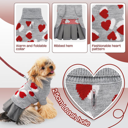 Heart Pattern Pet Dog Sweater Dress Grey