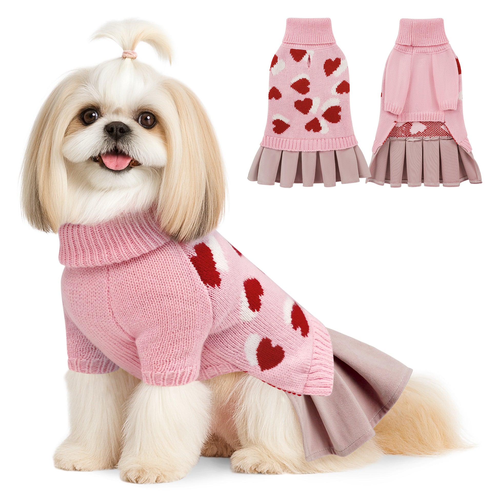 Heart Pattern Pet Dog Sweater Dress Pink