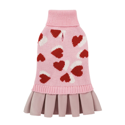 Heart Pattern Pet Dog Sweater Dress Pink