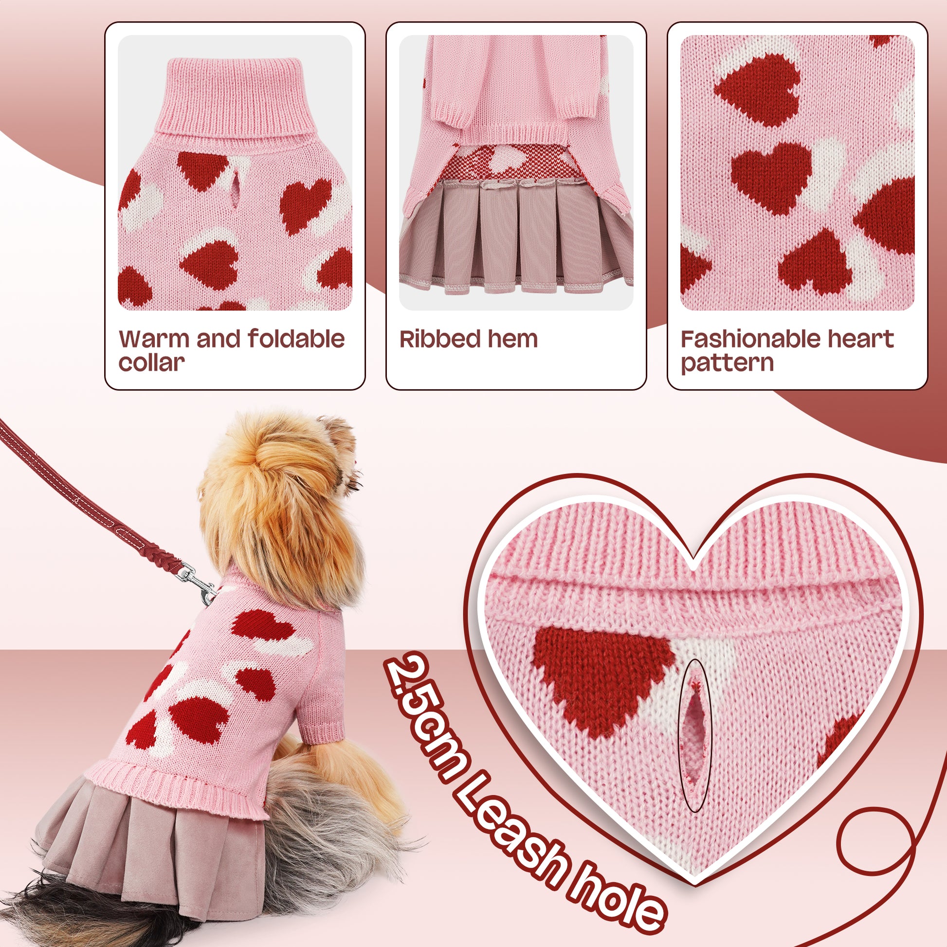 Heart Pattern Pet Dog Sweater Dress Pink