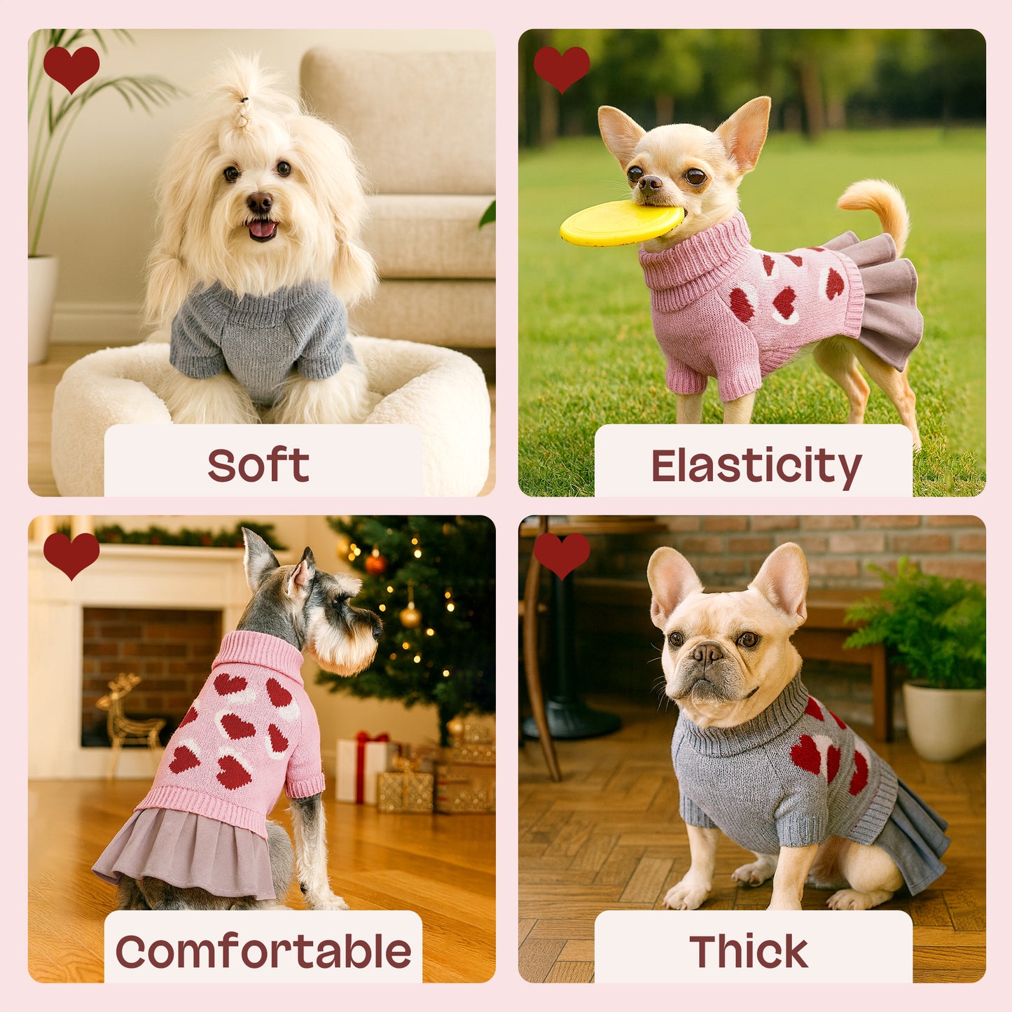 Heart Pattern Pet Dog Sweater Dress Pink