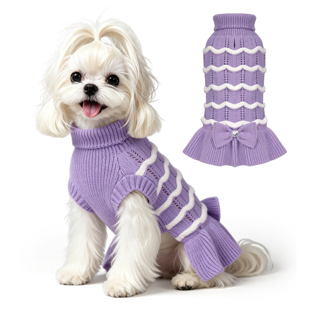 Purple Turtleneck Knit Dog Dress with Bow