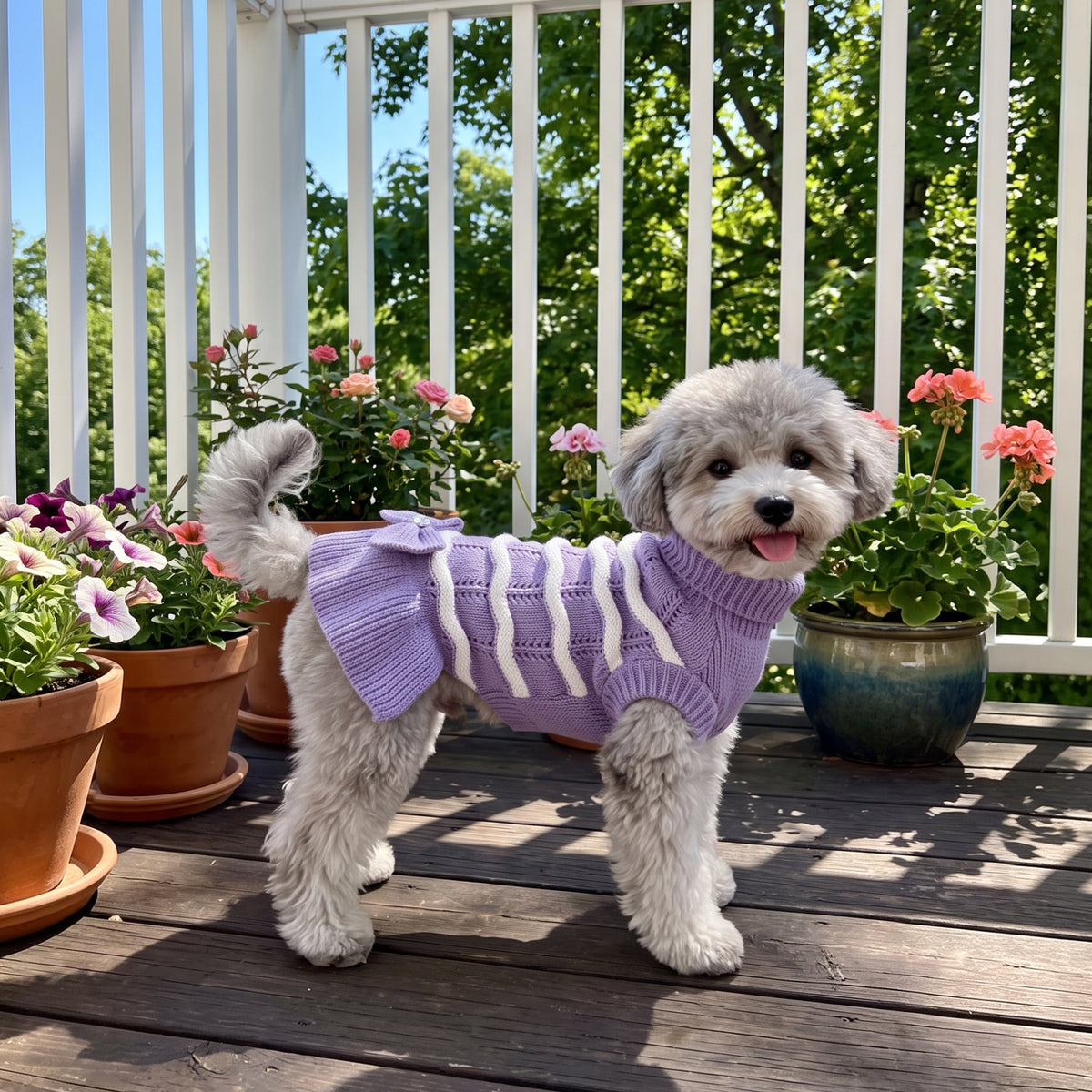 Purple Turtleneck Knit Dog Dress with Bow