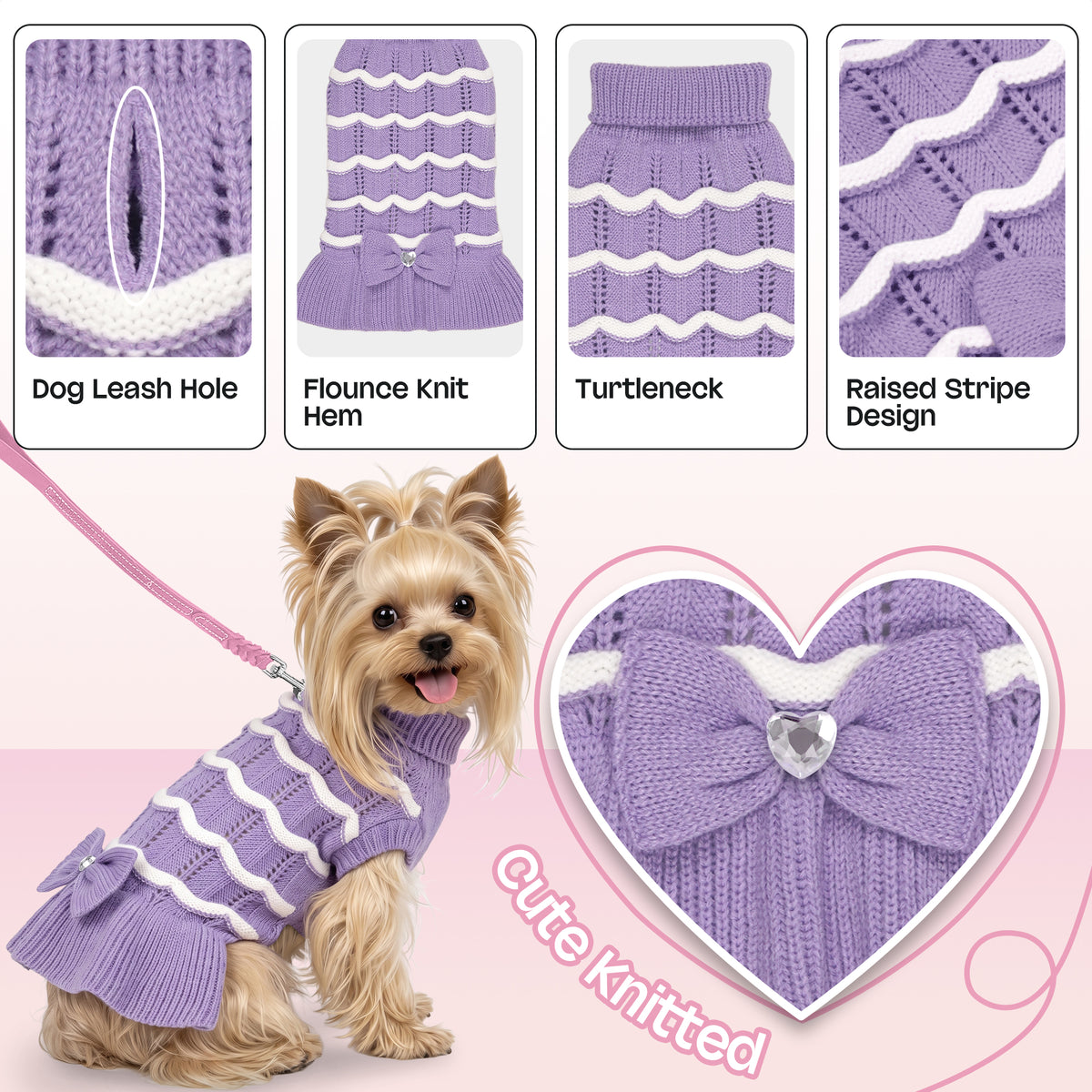 Purple Turtleneck Knit Dog Dress with Bow
