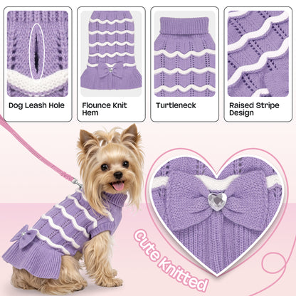 Purple Turtleneck Knit Dog Dress with Bow