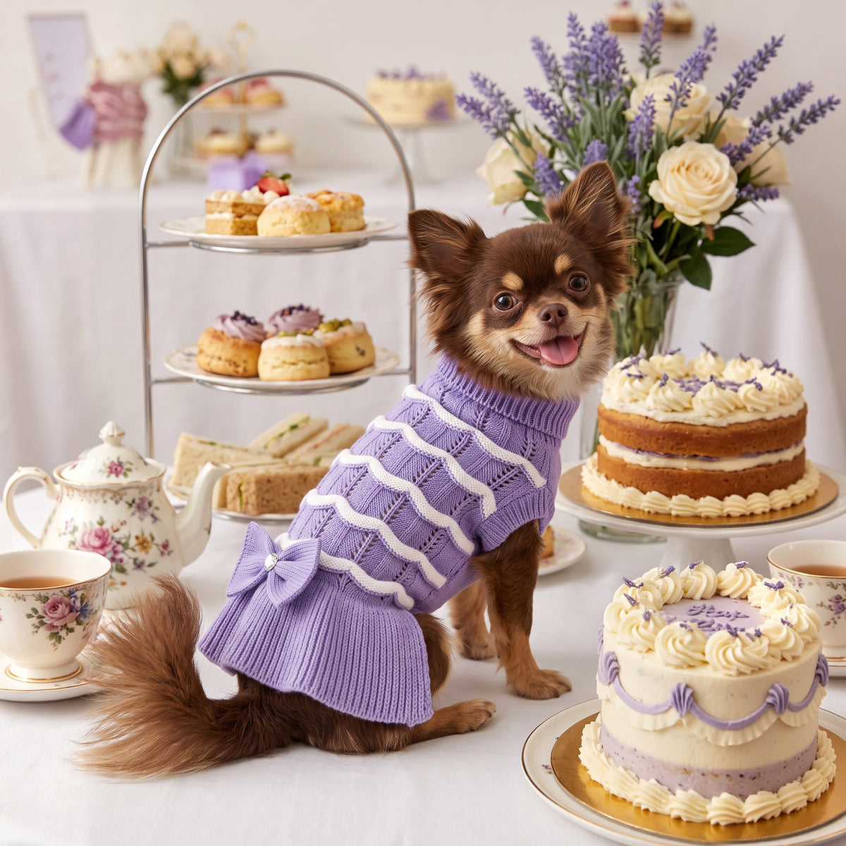 Purple Turtleneck Knit Dog Dress with Bow