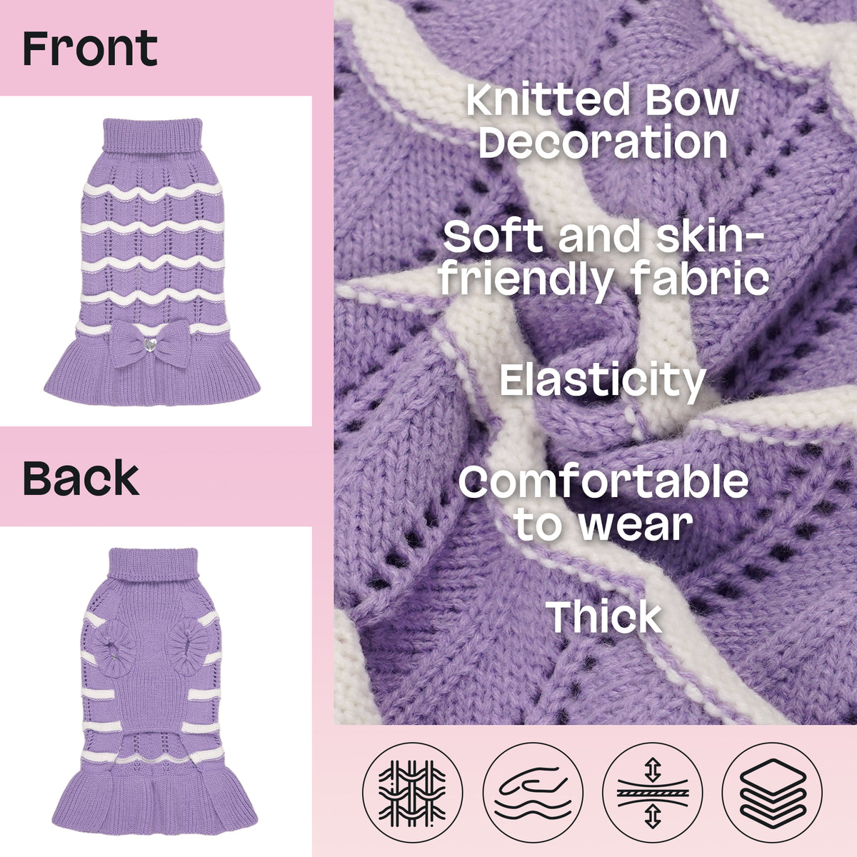 Purple Turtleneck Knit Dog Dress with Bow