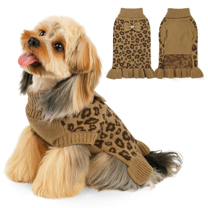 Small Dog High-necked Leopard-print Knitted Sweater Khaki Leopard Dress