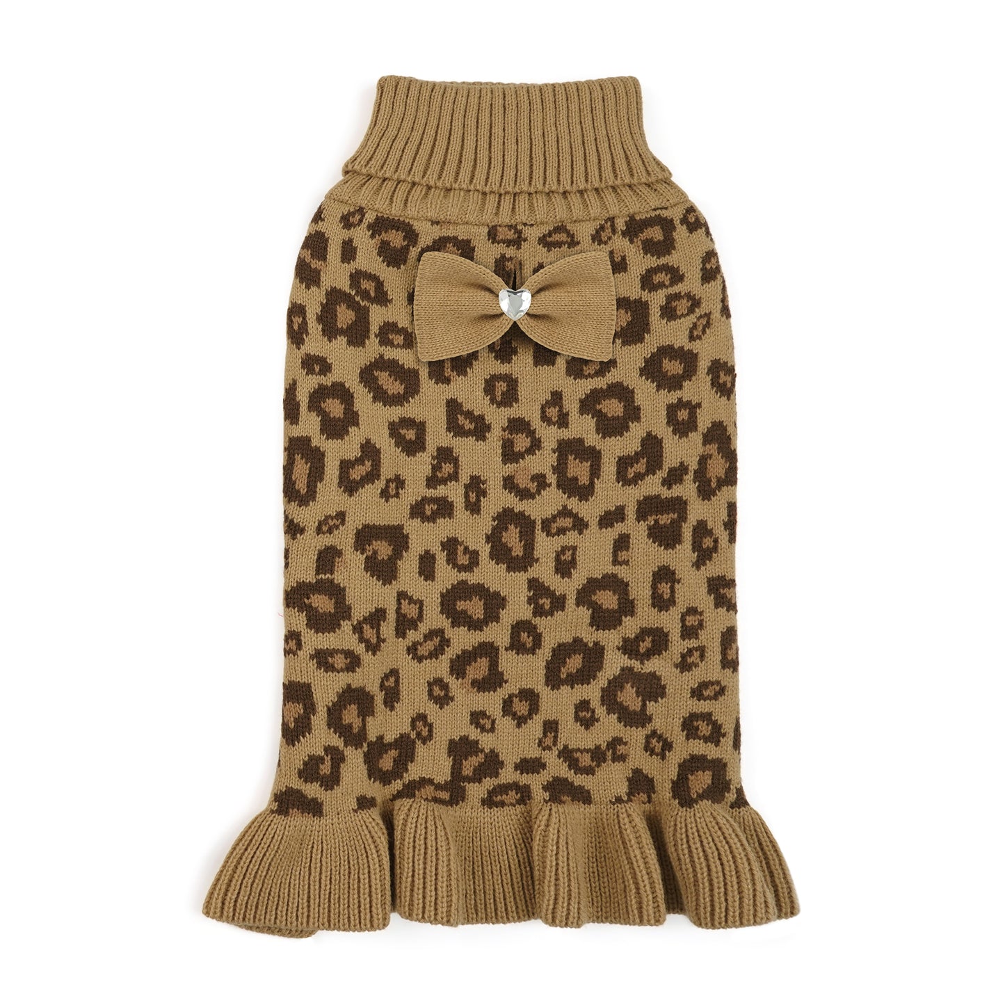 Small Dog High-necked Leopard-print Knitted Sweater Khaki Leopard Dress