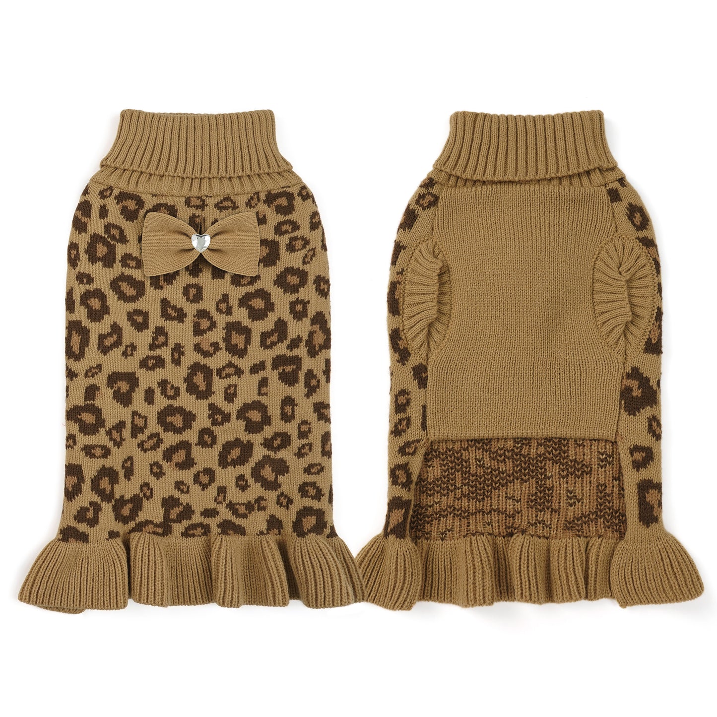 Small Dog High-necked Leopard-print Knitted Sweater Khaki Leopard Dress