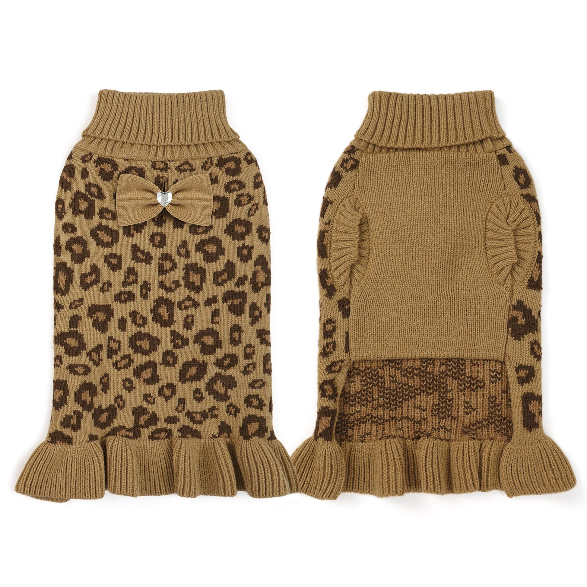 Small Dog High-necked Leopard-print Knitted Sweater Khaki Leopard Dress