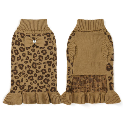 Small Dog High-necked Leopard-print Knitted Sweater Khaki Leopard Dress
