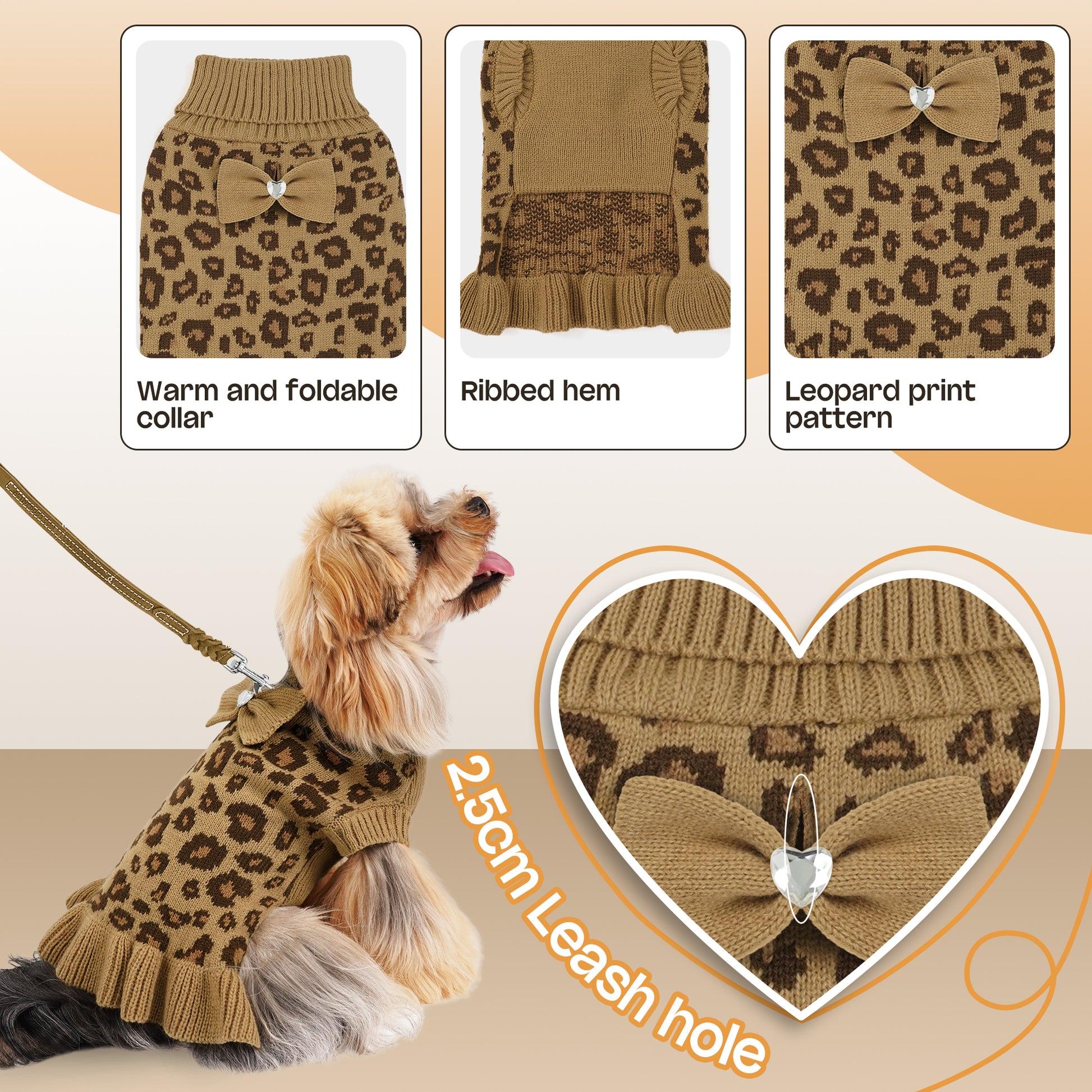 Small Dog High-necked Leopard-print Knitted Sweater Khaki Leopard Dress