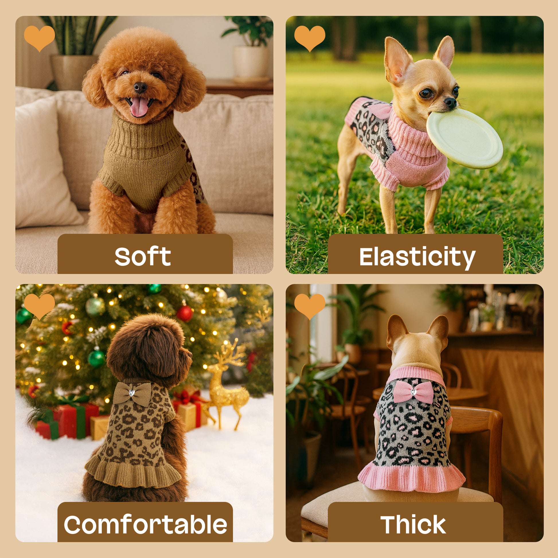 Small Dog High-necked Leopard-print Knitted Sweater Khaki Leopard Dress