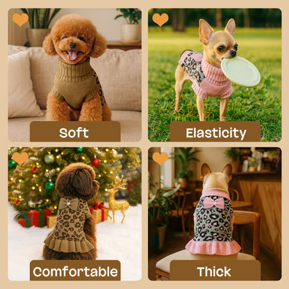 Small Dog High-necked Leopard-print Knitted Sweater Khaki Leopard Dress