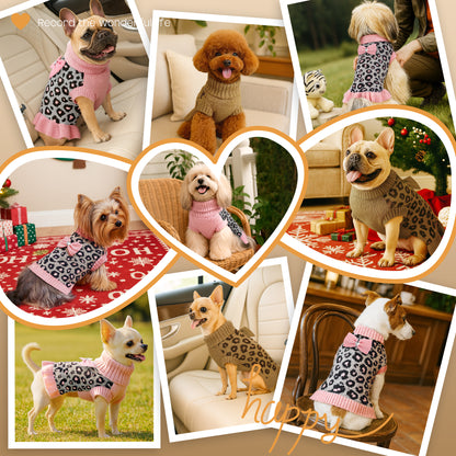 Small Dog High-necked Leopard-print Knitted Sweater Khaki Leopard Dress
