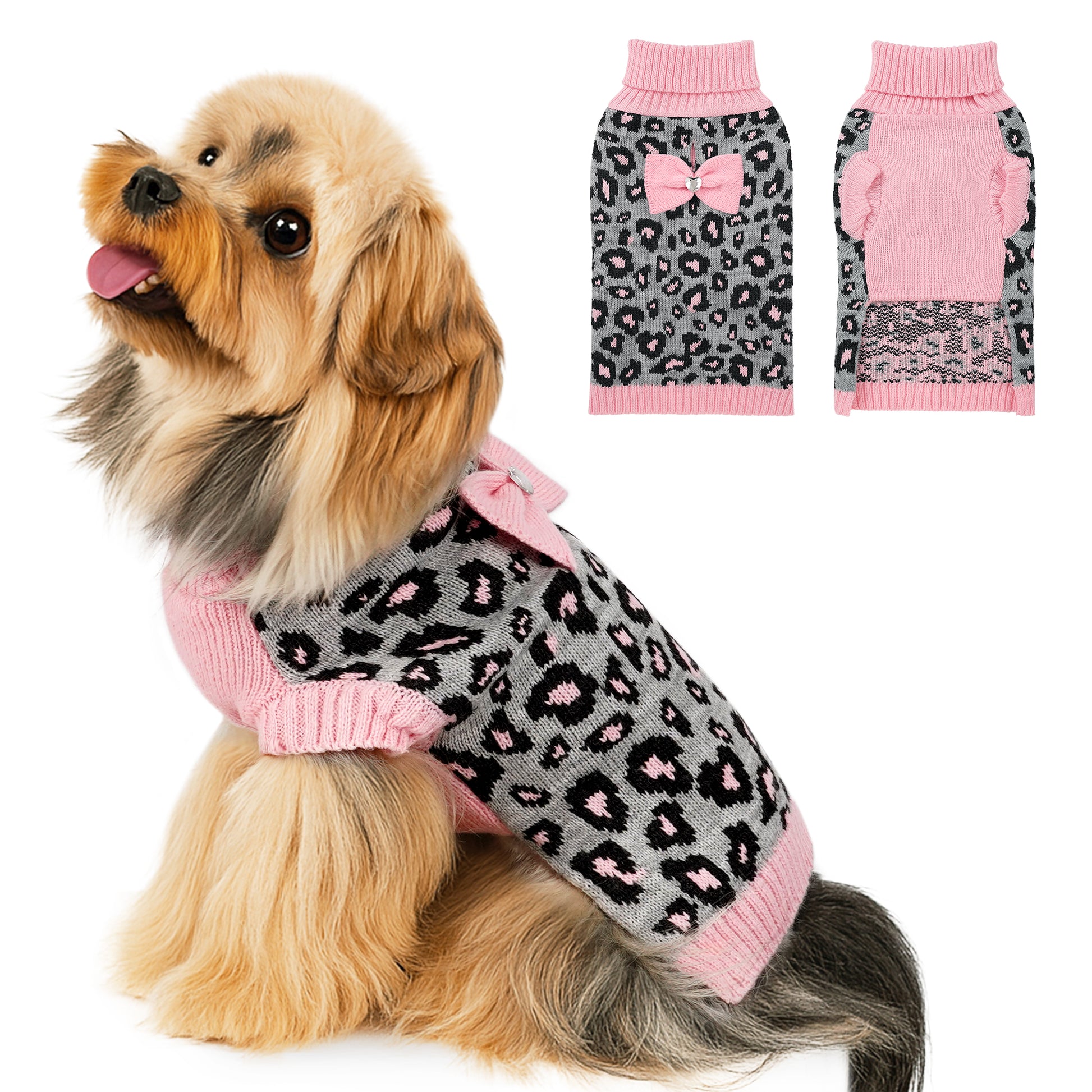 Small Dog High-necked Leopard-print Knitted Sweater Pink