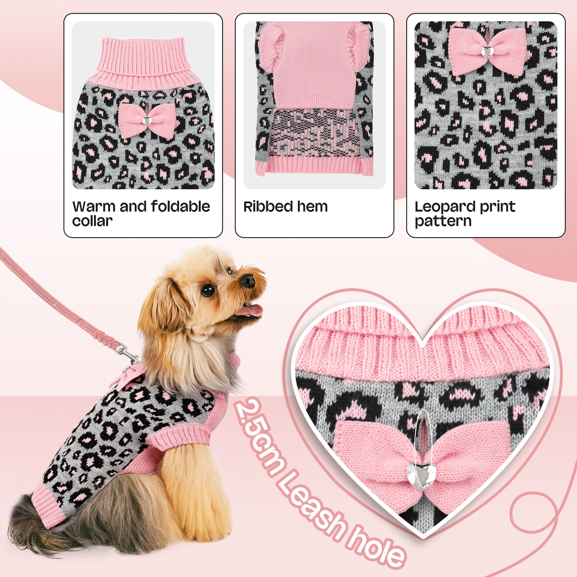 Small Dog High-necked Leopard-print Knitted Sweater Pink