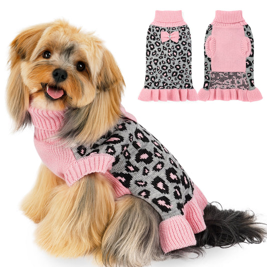 Small Dog High-necked Leopard-print Knitted Sweater Pink Leopard Dress