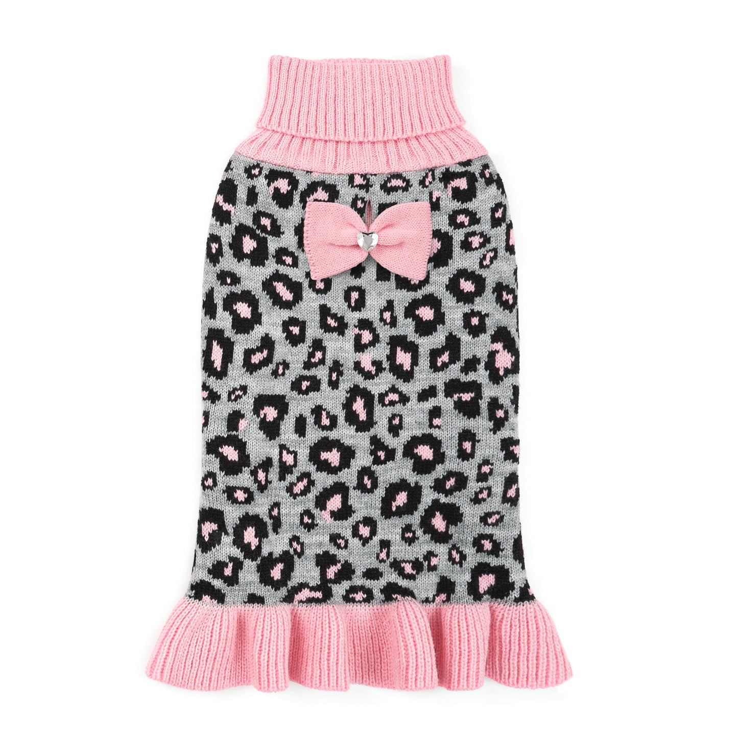Small Dog High-necked Leopard-print Knitted Sweater Pink Leopard Dress