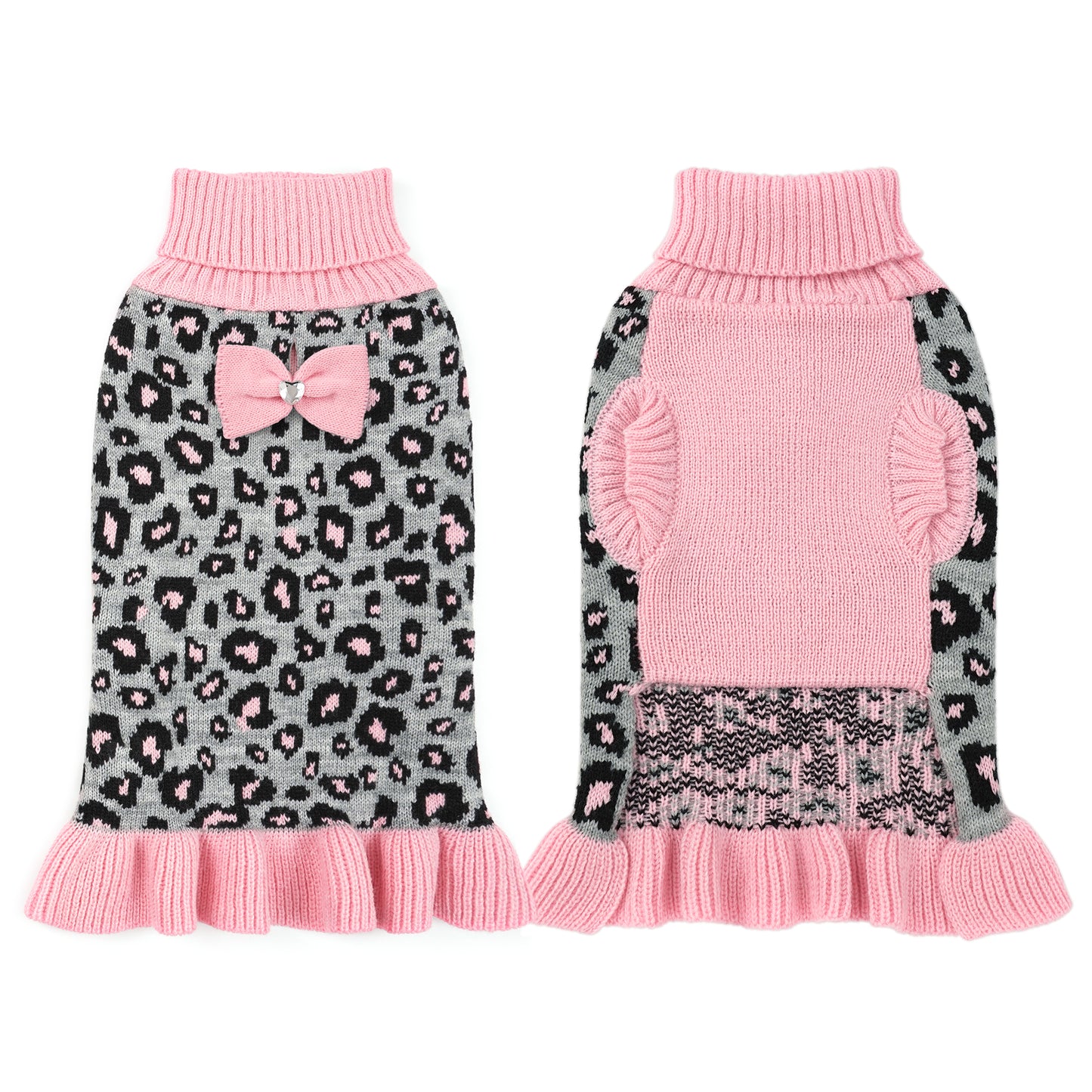 Small Dog High-necked Leopard-print Knitted Sweater Pink Leopard Dress