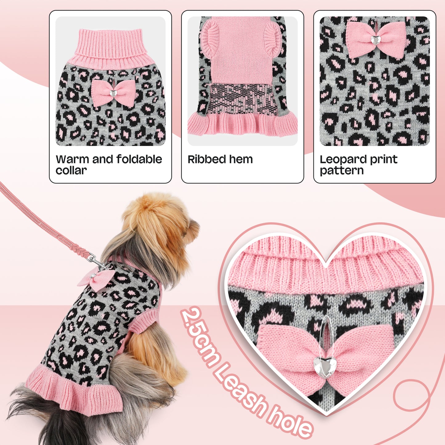 Small Dog High-necked Leopard-print Knitted Sweater Pink Leopard Dress