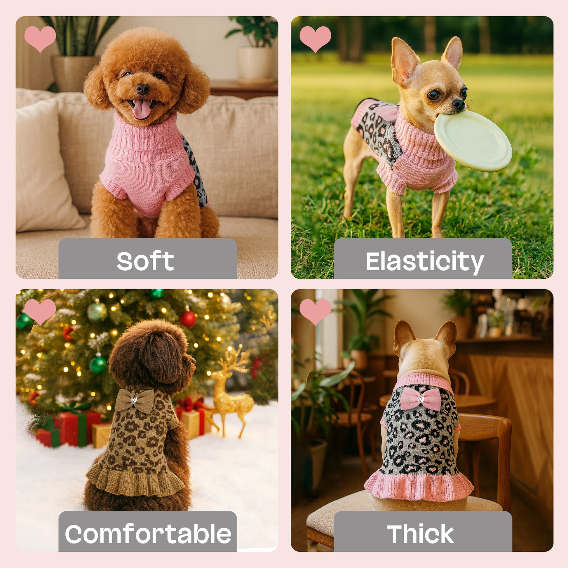 Small Dog High-necked Leopard-print Knitted Sweater Pink Leopard Dress