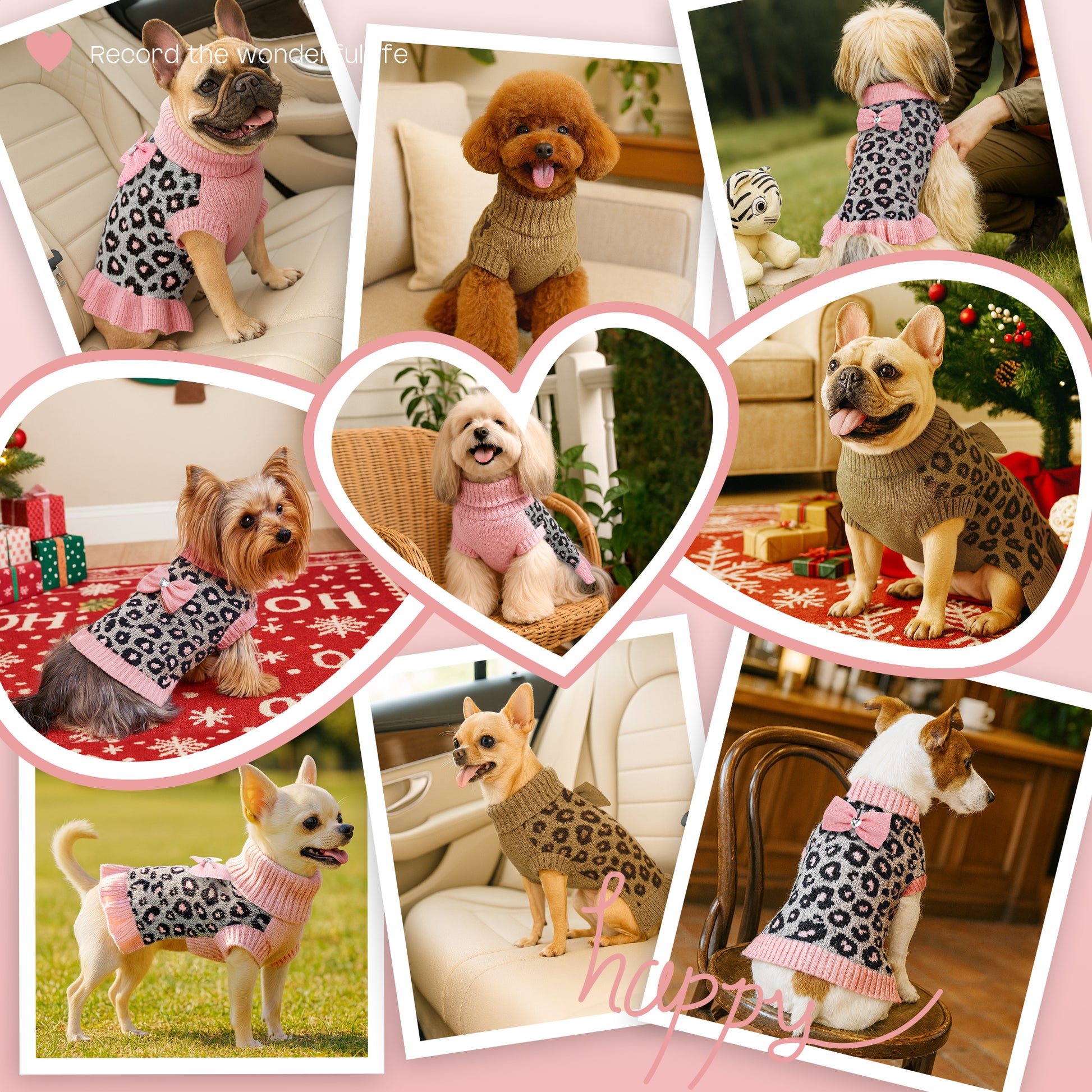 Small Dog High-necked Leopard-print Knitted Sweater Pink Leopard Dress