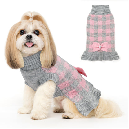 Small Dog Sweater Dress with Bowtie Grey Pink