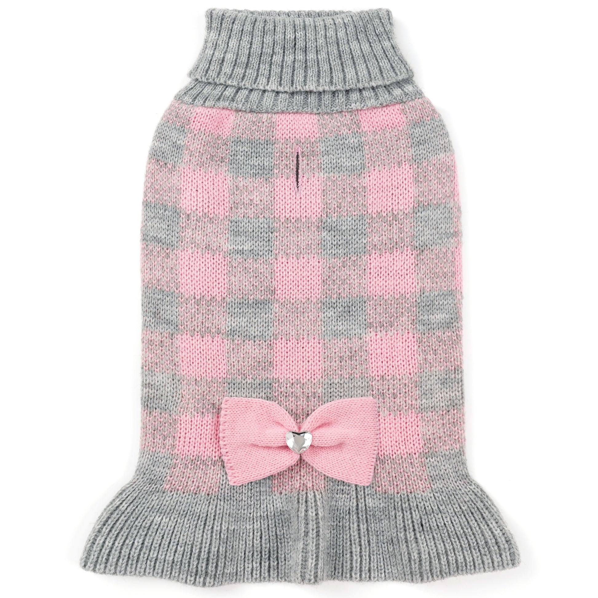 Small Dog Sweater Dress with Bowtie Grey Pink