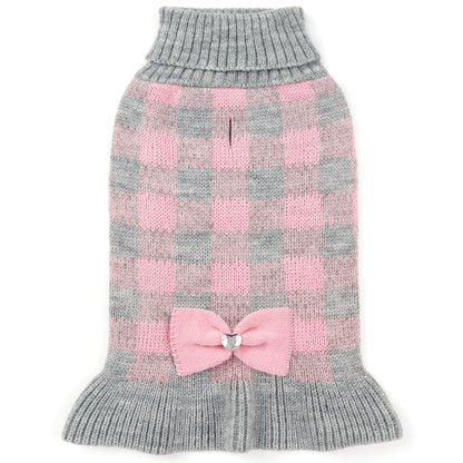 Small Dog Sweater Dress with Bowtie Grey Pink