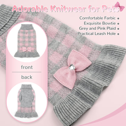 Small Dog Sweater Dress with Bowtie Grey Pink