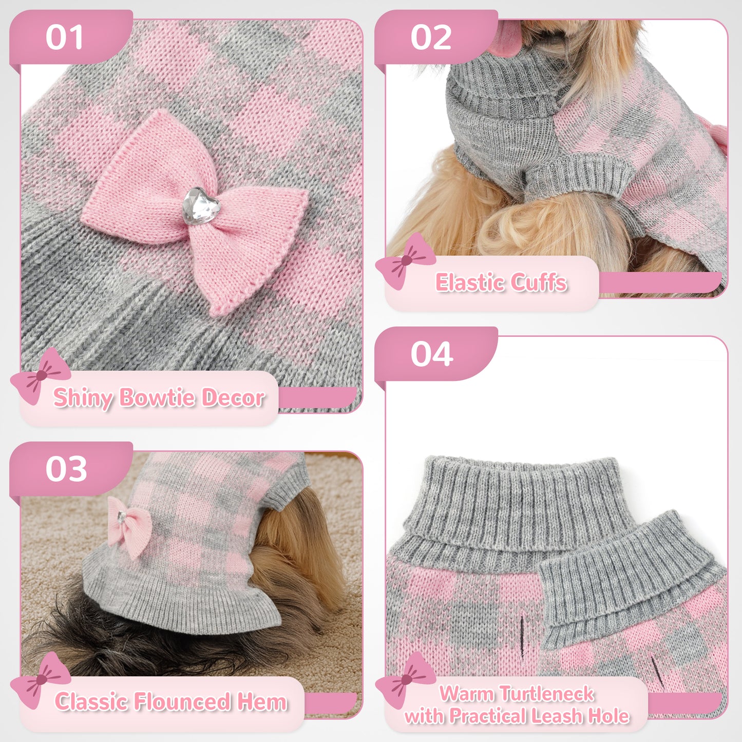Small Dog Sweater Dress with Bowtie Grey Pink