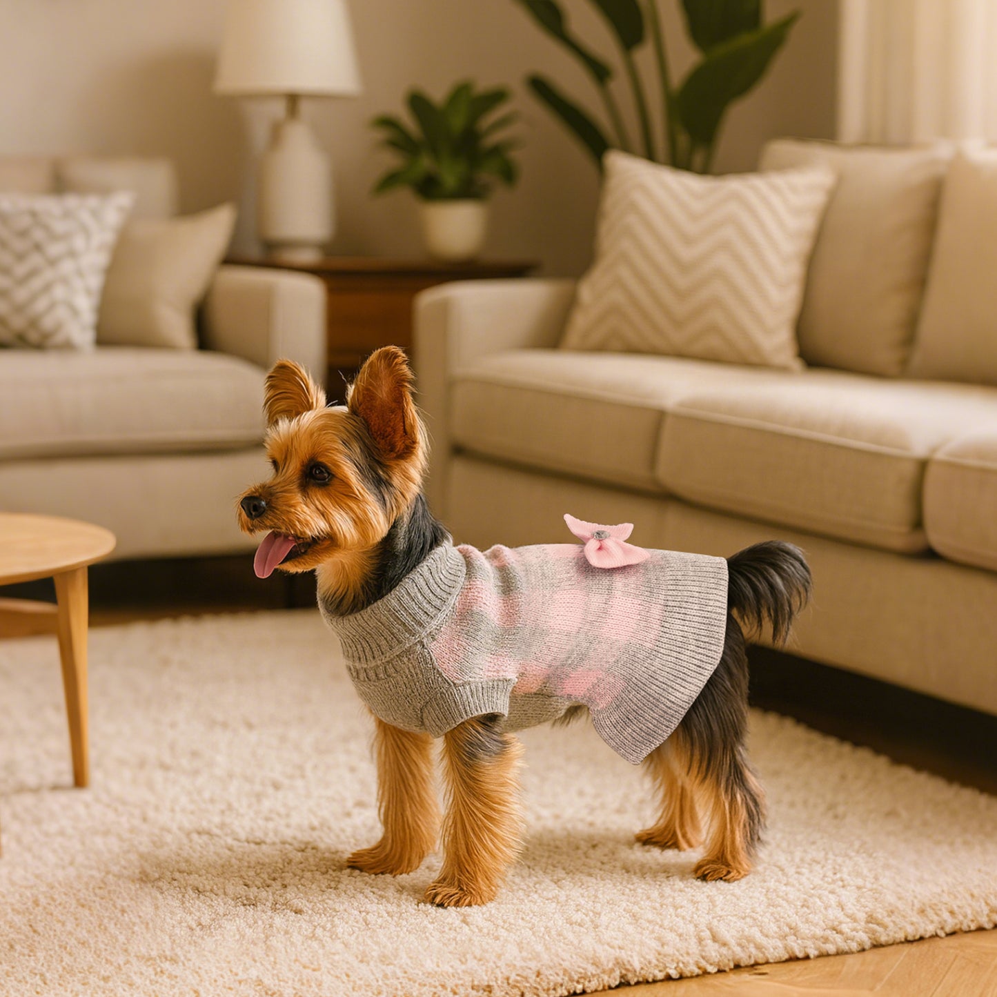 Small Dog Sweater Dress with Bowtie Grey Pink