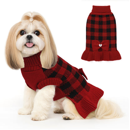 Small Dog Sweater Dress with Bowtie Red-1