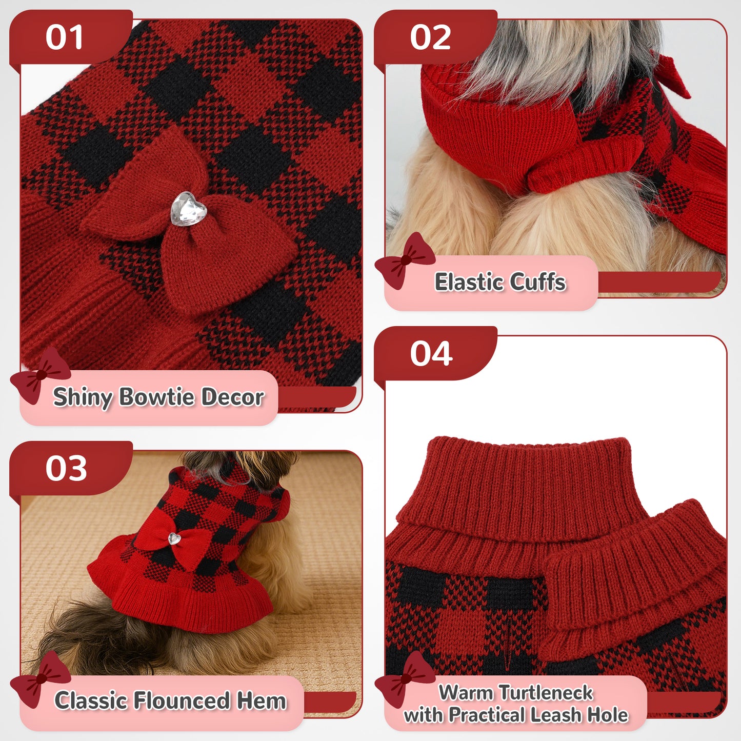 Small Dog Sweater Dress with Bowtie Red-2