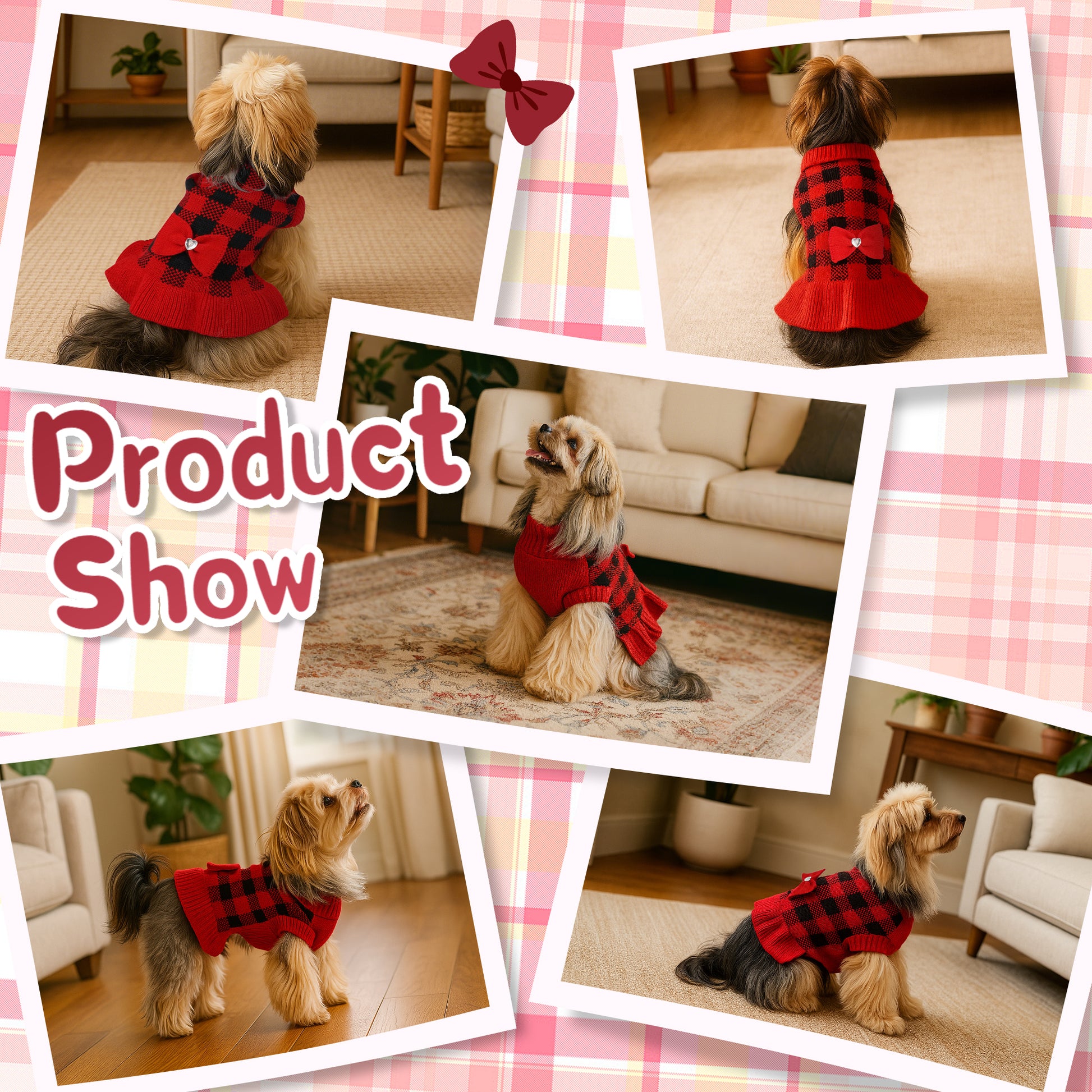 Small Dog Sweater Dress with Bowtie Red-4