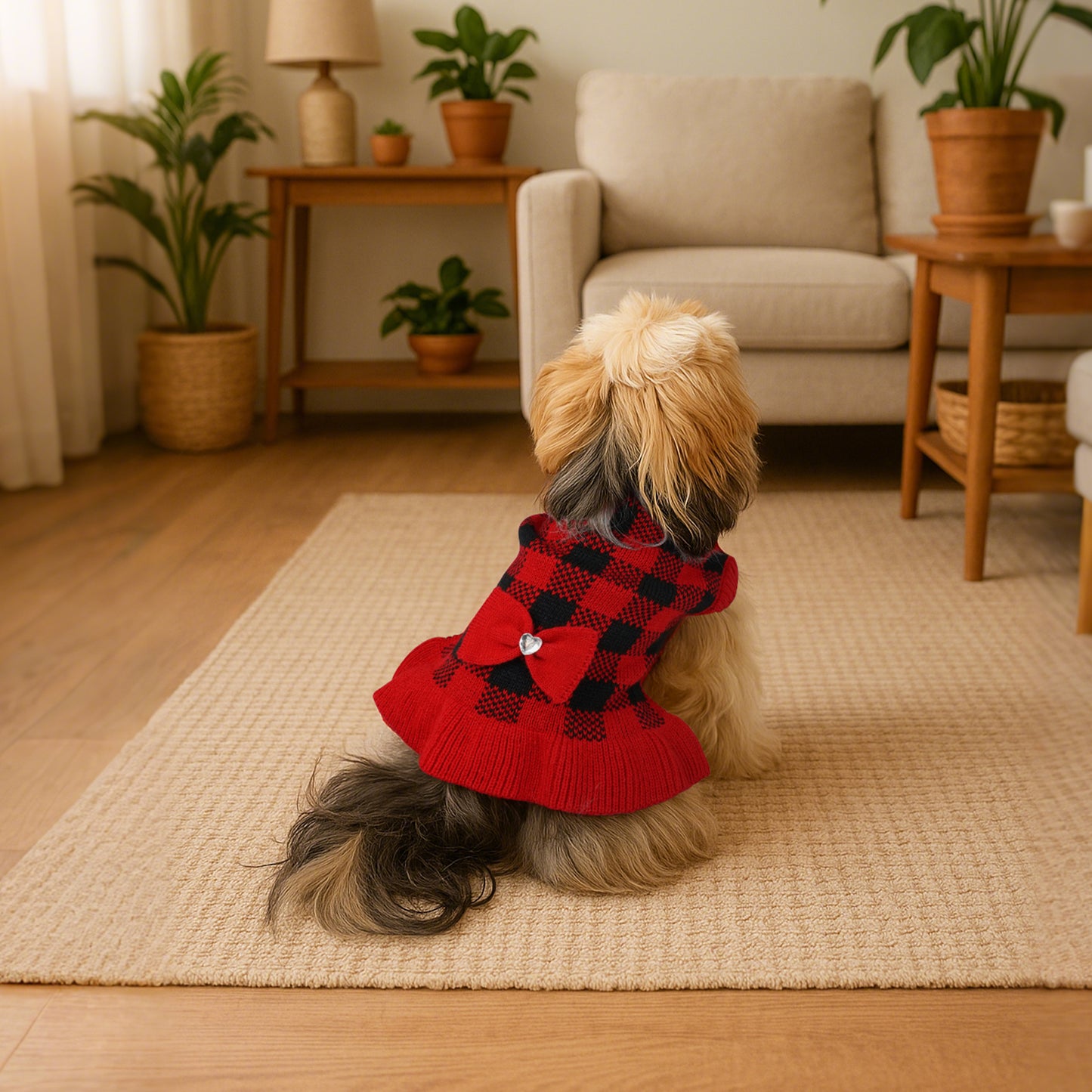 Small Dog Sweater Dress with Bowtie Red-5